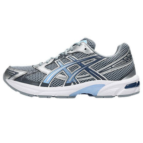 Gray and blue running shoe on a white background